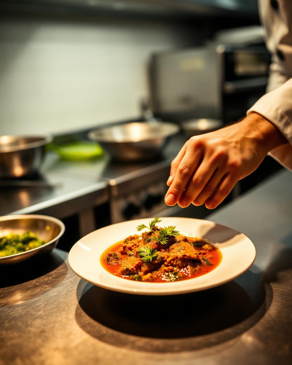 Chef plating a Sri Lankan curry in the Kandyan Table kitchen