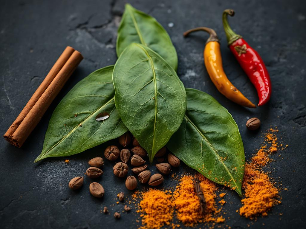 Ceylon spices, curry leaves and chillies on a dark stone surface