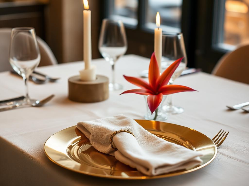 Elegant table setting with brass plate and candlelight