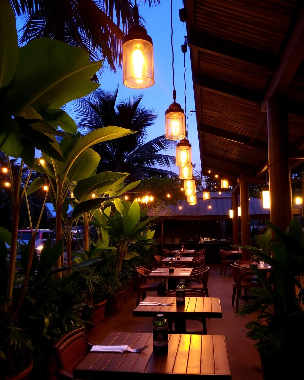 Kandyan Table terrace at dusk with warm hanging lights