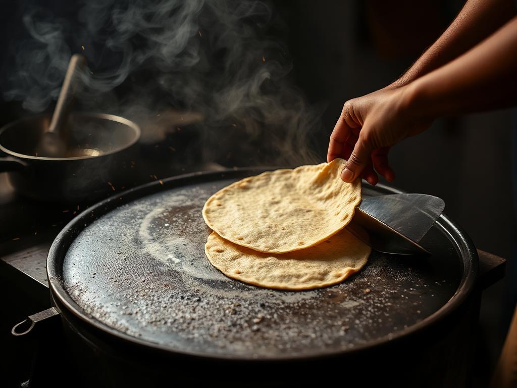 Roti being prepared on a hot griddle