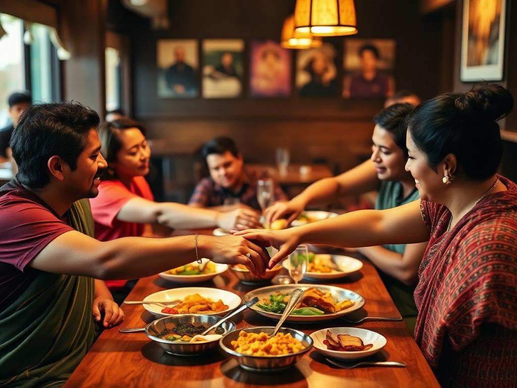Guests sharing a Sri Lankan meal around a wooden table