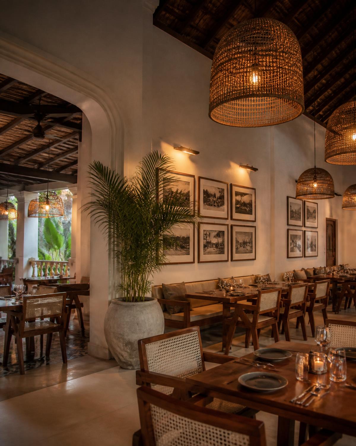 Dining room at Kandyan Table with rattan lights and timber furniture